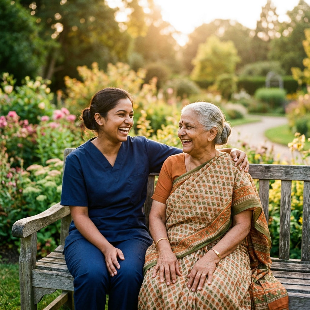 Caregiver with elderly woman in garden